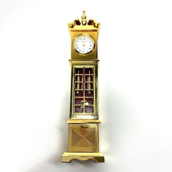 Vintage Bey-Berk Miniature Grandfather's Clock Gold Tone Battery Operated 5” - Picture 10 of 15